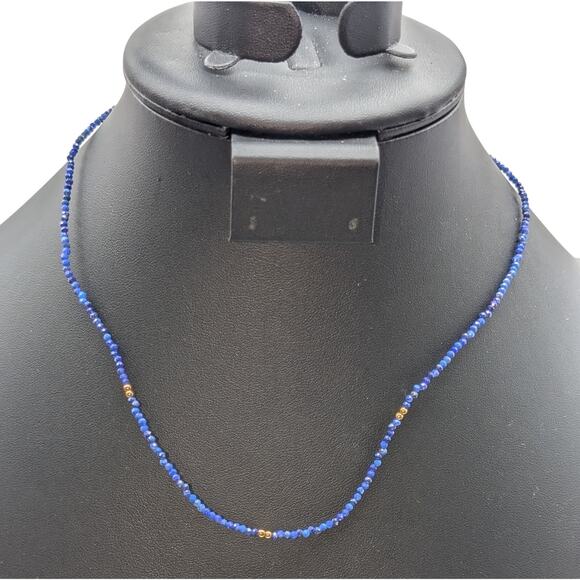 925 Sterling Vermeil 2mm Lapis Lazuli Gemstone Crystal & Goldtone Bead Necklace - Picture 6 of 6
